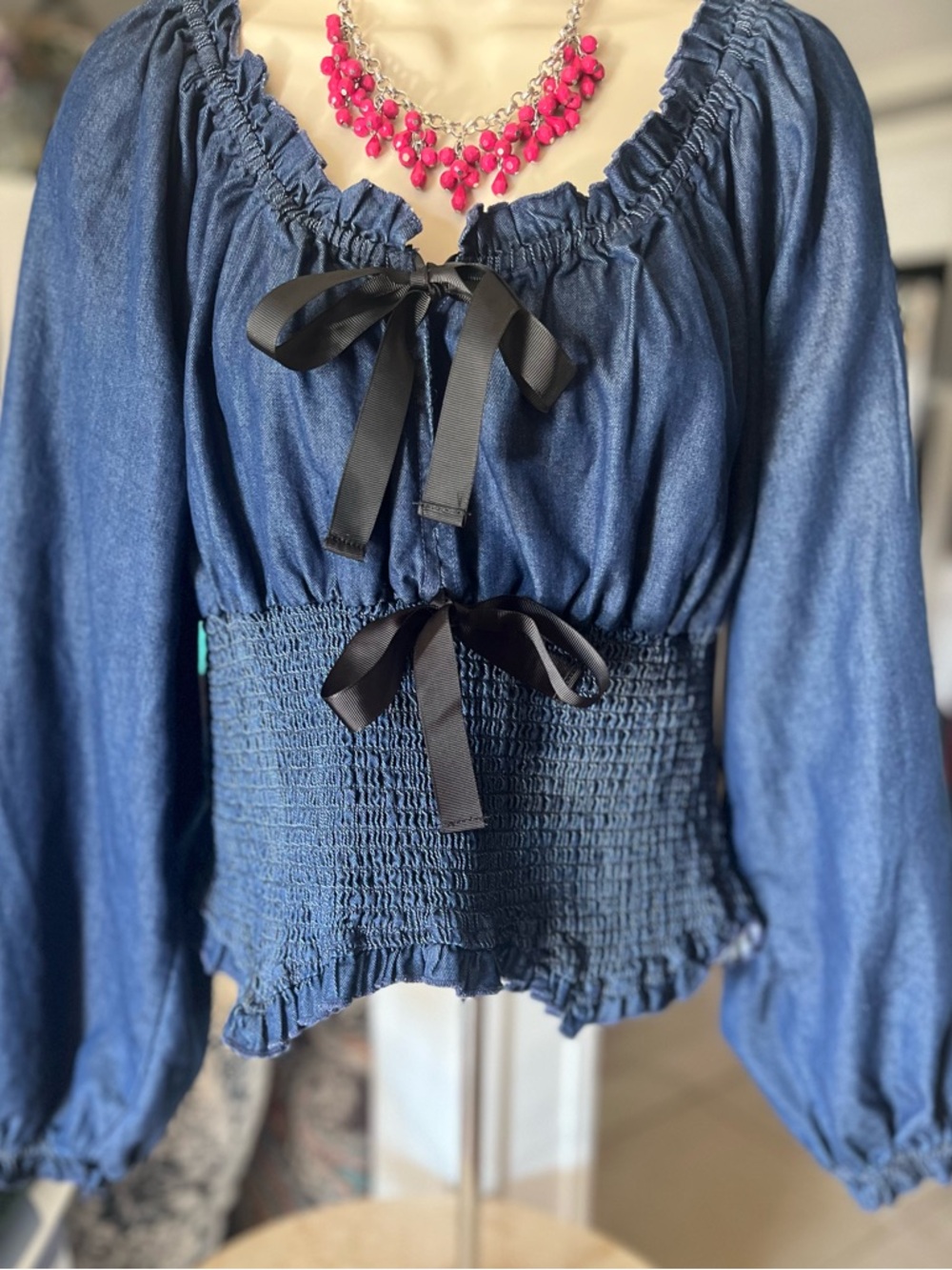 Kimchi Blue Denim-Blue Smocked Peasant Blouse with Black Ribbon Ties